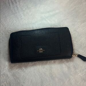 Coach Black Saffiano Zip Wallet with Gold Logo